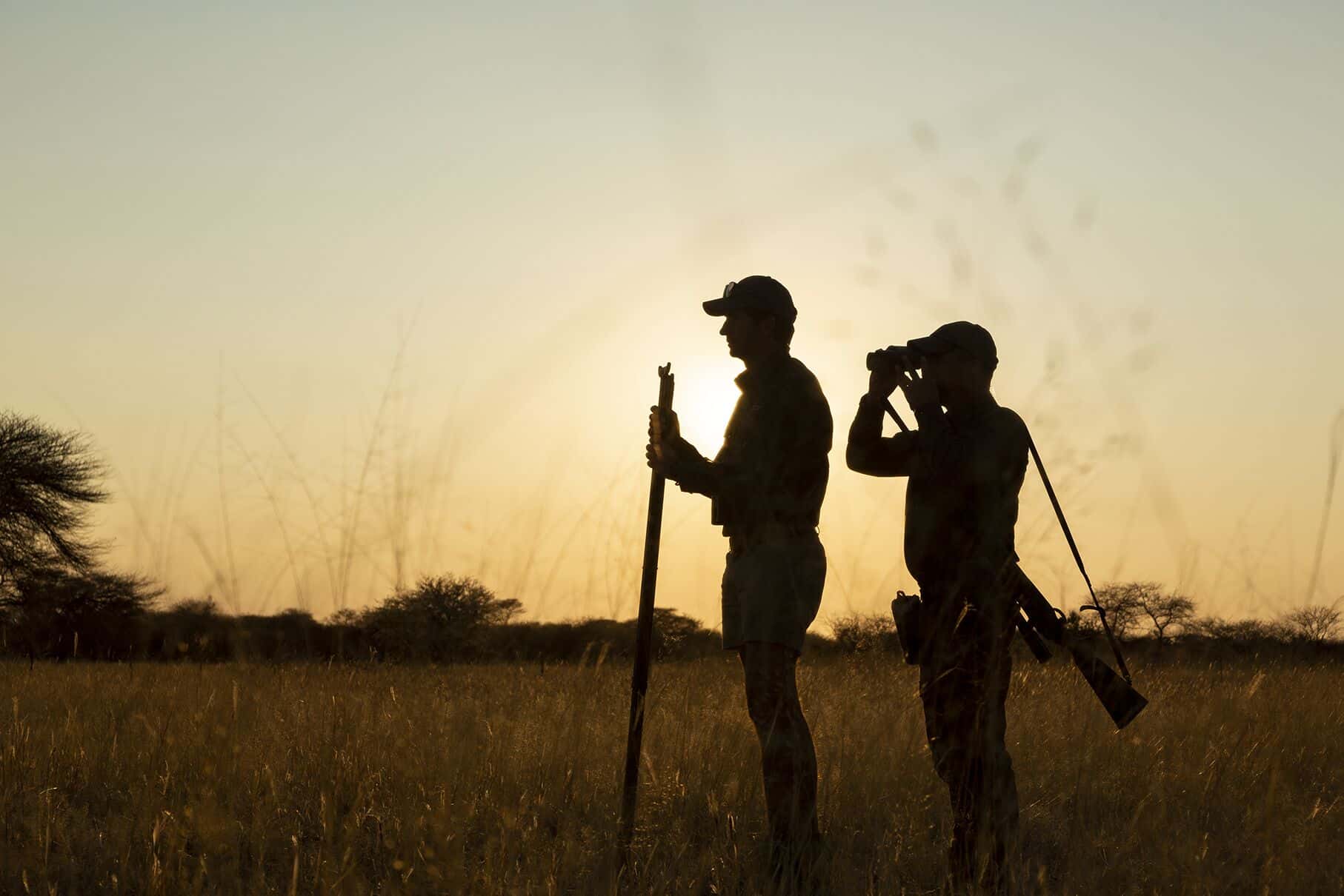 Hunter and guide glassing the plains at sunset