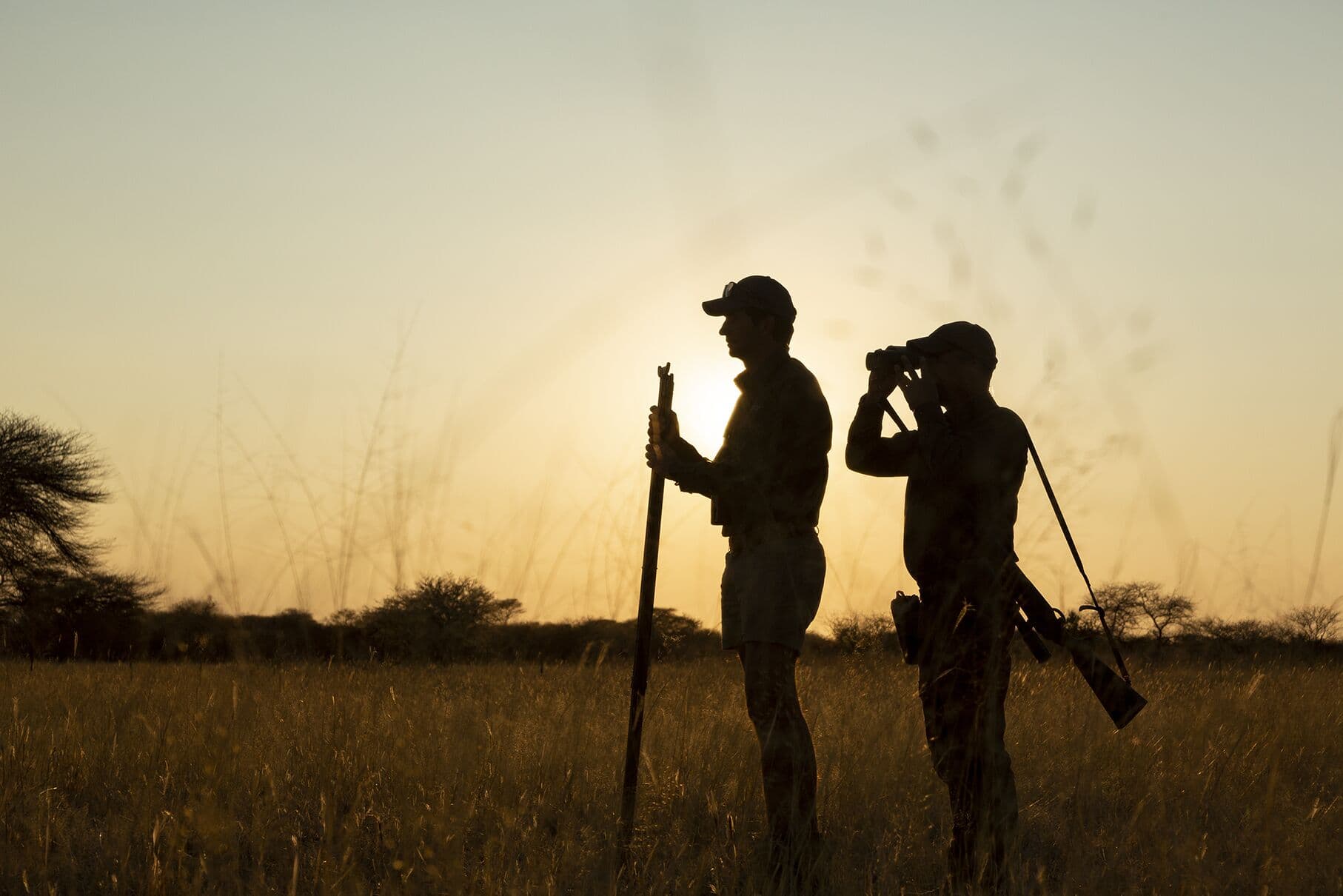 Hunter and guide glassing the plains at sunset