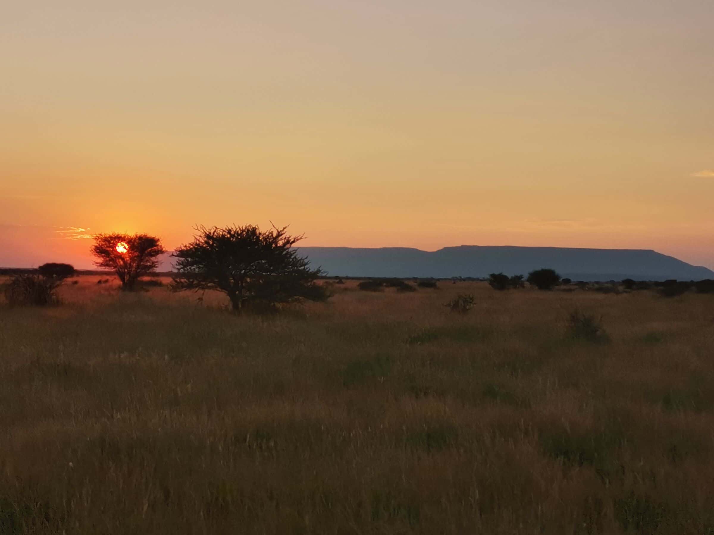 Sunset over the bushveld, Mount Etjo on the horizon
